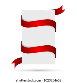 White banner with red ribbon. Vector illustration. Blank paper card isolated with shadow