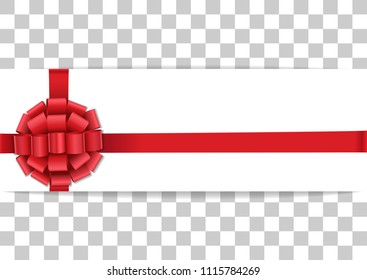 White banner with red satin ribbon and bow on squared background. Vector decor for greeting Christmas and New year, bithday, valentines cards with text place.