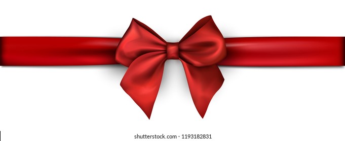 White Banner With Red Satin Ribbon With Bow. Festive Decoration. Vector Background. 