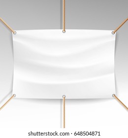 White Banner With Ropes Vector. Realistic Clear Textile Hanging Banner Template.