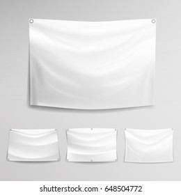 White Banner Set Vector. Horizontal Hanging Banners Mock Up Textile, Fabric Or Nylon.