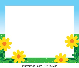 white banner surrounded with blue sky, green meadow and yellow flowers
