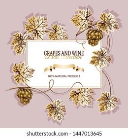 Banner blanco para texto, alrededor de un montón de uvas doradas y hojas, sobre fondo de crema. Embalaje de plantillas de vectores 