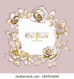 White banner for text, with bouquet of beautiful golden rose flowers and butterfly on cream background. Invitation card , greeting card. Vector illustration.
