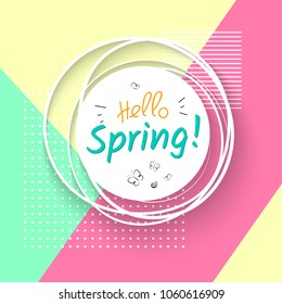 White banner with text hello spring and butterflies on a geometric modern trendy background with dots specks lines Spring festive banner for posters templates cards of spring sales Vector spring time