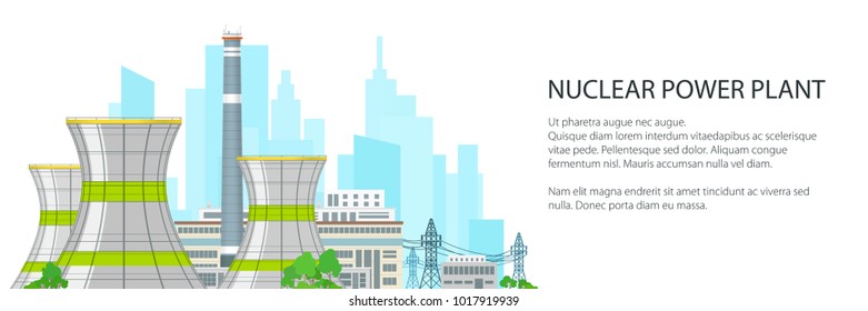 White Banner with Thermal Station, Nuclear Power Plant and Text, Nuclear Reactor and Power Lines on the Background of the City, Vector Illustration