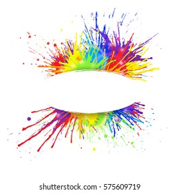 White banner with  vivid rainbow colored paint splashes. Vector illustration.