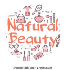 White banner of woman accessories with red text Natural Beauty