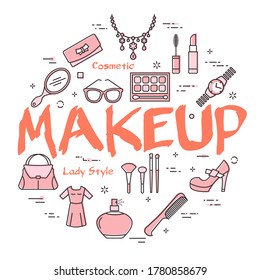 White banner of woman accessories with red text Makeup