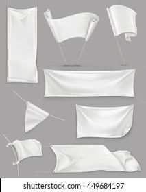 White banners and flags, 3d vector set mockup