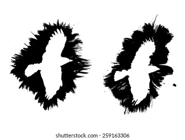 White banners on black ink strokes. Vector ink frames in form of birds. svg