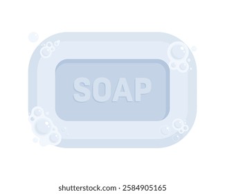 White bar of soap with foam and bubbles. Cleanliness, hygiene, and personal care concept. Flat vector illustration isolated on white background