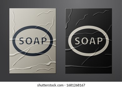 White Bar of soap icon isolated on crumpled paper background. Soap bar with bubbles. Paper art style. Vector Illustration