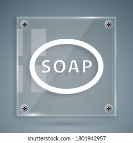 White Bar of soap icon isolated on grey background. Soap bar with bubbles. Square glass panels. Vector Illustration