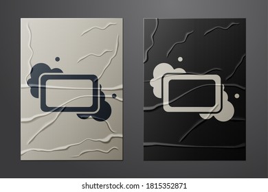 White Bar of soap icon isolated on crumpled paper background. Soap bar with bubbles. Paper art style. Vector