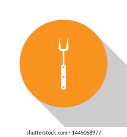 White Barbecue fork icon isolated on white background. BBQ fork sign. Barbecue and grill tool. Orange circle button. Vector Illustration