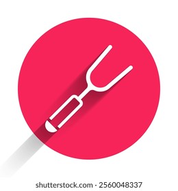 White Barbecue fork icon isolated with long shadow. BBQ fork sign. Barbecue and grill tool. Red circle button. Vector