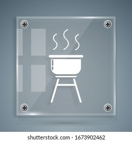 White Barbecue grill icon isolated on grey background. BBQ grill party. Square glass panels. Vector Illustration
