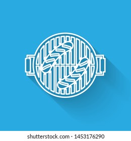 White Barbecue grill with sausage line icon isolated with long shadow. BBQ grill party. Vector Illustration