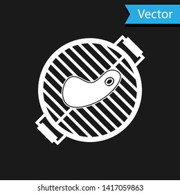 White Barbecue grill with steak icon isolated on black background. BBQ grill party. Vector Illustration