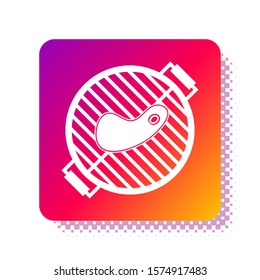 White Barbecue grill with steak icon isolated on white background. BBQ grill party. Square color button. Vector Illustration