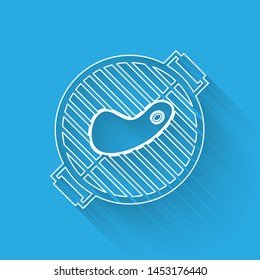 White Barbecue grill with steak line icon isolated with long shadow. BBQ grill party. Vector Illustration