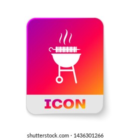 White Barbecue grilled shish kebab on skewer stick icon isolated on white background. BBQ meat kebab on skewer stick. Picnic with grill meat. Rectangle color button. Vector Illustration