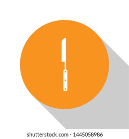White Barbecue knife icon isolated on white background. Kitchen knife icon. BBQ knife sign. Barbecue and grill tool. Orange circle button. Vector Illustration