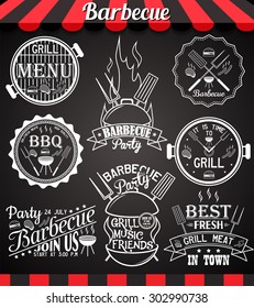 White barbecue party collection of icons, labels, signs, symbols and design elements on blackboard.See more in set "Labels" of my portfolio