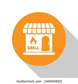 White Barbecue shopping building or market store icon isolated on white background. BBQ grill party. Shop construction. Orange circle button. Vector Illustration
