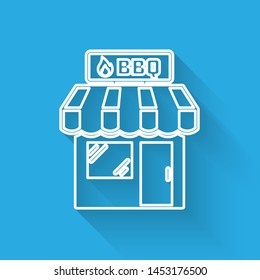 White Barbecue shopping building or market store line icon isolated with long shadow. BBQ grill party. Shop construction. Vector Illustration