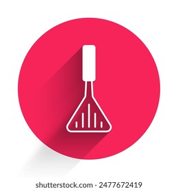 White Barbecue spatula icon isolated with long shadow. Kitchen spatula icon. BBQ spatula sign. Barbecue and grill tool. Red circle button. Vector