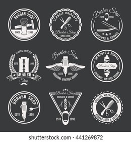 White barber emblem or label set with descriptions of classic haircut original vintage brand and haircuts and shaves vector illustration