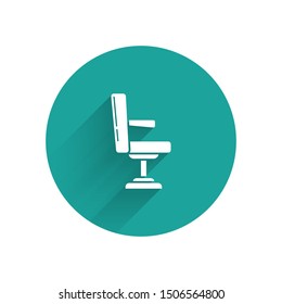 White Barbershop chair icon isolated with long shadow. Barber armchair sign. Green circle button. Vector Illustration