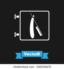 White Barbershop with razor icon isolated on black background. Hairdresser logo or signboard.  Vector Illustration