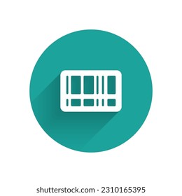 White Barcode icon isolated with long shadow background. Green circle button. Vector
