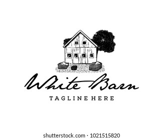 White Barn Illustration Hand Drawing Symbol Logo Vector