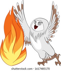 White barn owl with fire in cartoon vector isolated background
