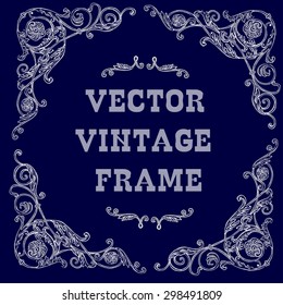 White baroque frame on a dark background. Vintage badge with retro ornament for page decoration, invitation, congratulation or greeting card. There is place for text in the center.