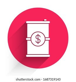 White Barrel oil with dollar symbol icon isolated with long shadow. Red circle button. Vector Illustration