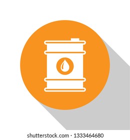 White Barrel oil icon isolated on white background. Orange circle button. Flat design. Vector Illustration