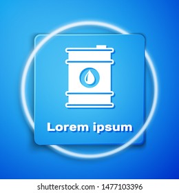 White Barrel oil icon isolated on blue background. Blue square button. Vector Illustration