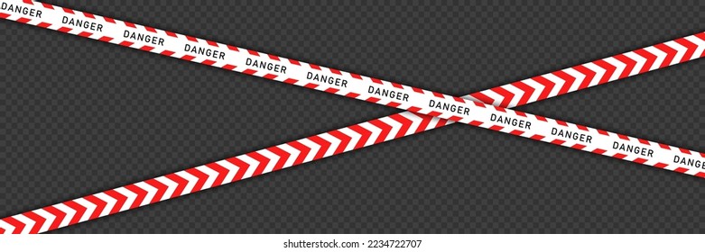 White barricade tape with red diagonal stripes isolated on transparent background. Vector template of seamless barrier line.  Ribbon with black danger text