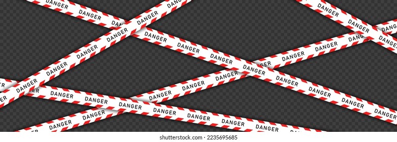 White barricade tape with red diagonal stripes isolated on transparent background. Vector template of seamless barrier line.  Ribbon with black danger text