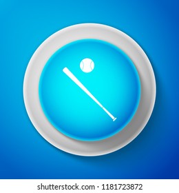 White Baseball ball and bat icon isolated on blue background. Circle blue button with white line. Vector Illustration
