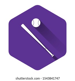 White Baseball ball and bat icon isolated with long shadow. Purple hexagon button. Vector Illustration