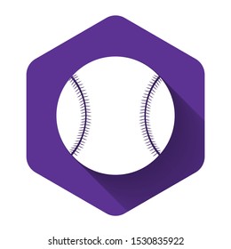White Baseball ball icon isolated with long shadow. Purple hexagon button. Vector Illustration