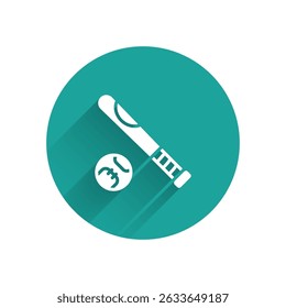 White Baseball bat with ball icon isolated with long shadow. Green circle button. Vector