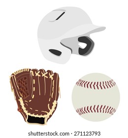 White baseball batting helmet, brown leather baseball glove and baseball ball vector isolated