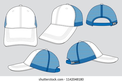 White Baseball Cap With Blue Mesh At Side And Back Panels, Adjustable Slider Plastic Buckle Zip Closure Strap Design On Gray Background.